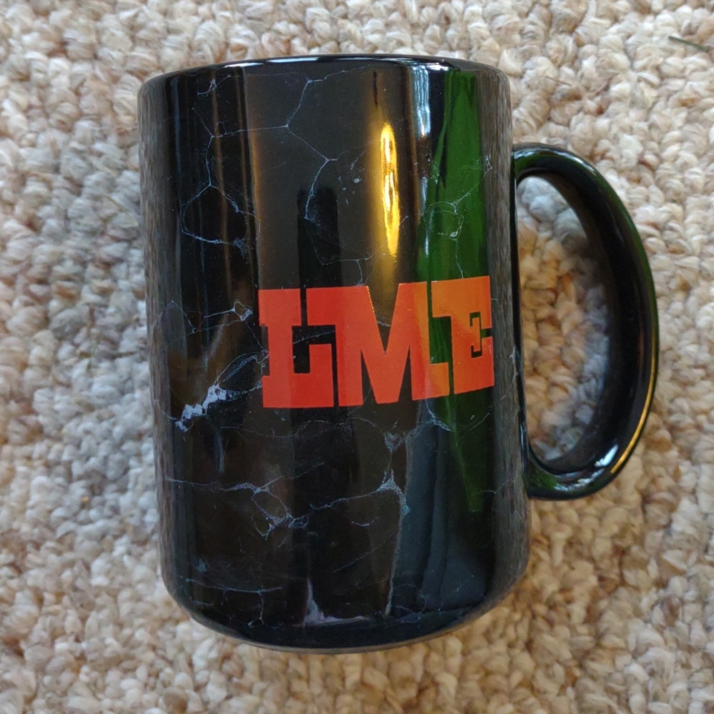 Linyl Red Lettering LME Logo Black & White Marbled Coffee Cup 4 1/2"
